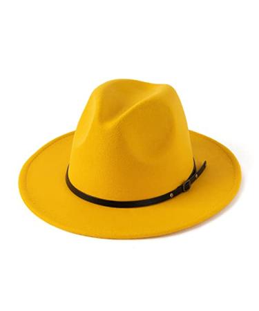HUDANHUWEI Women's Classic Wide Brim Fedora Hat with Belt Buckle Felt Panama Hat Yellow