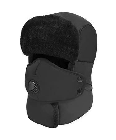 Winter Trapper Hat for Men & Women, Trooper Hunting Russian Fur Hat with Ear Flap & Mask Ushanka Aviator Hat for Cold Weather Black