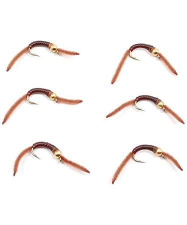 The Fly Fishing Place San Juan Worm Power Bead 1/2 Dozen Gold Bead Brown V-Rib Hook Size 14 - Set of 6 Nymph Wet Flies