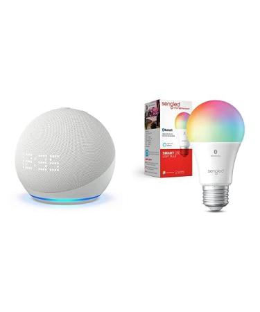 Echo Dot (5th Gen) with Clock | Glacier White with Sengled Bluetooth Color Bulb | Alexa smart home starter kit