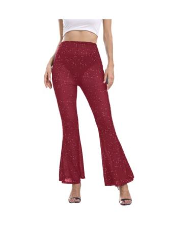 Women Rave Sheer Mesh Shiny Pants Flared High Waist Bell Bottom Pants for Party Dance Festival Small Red