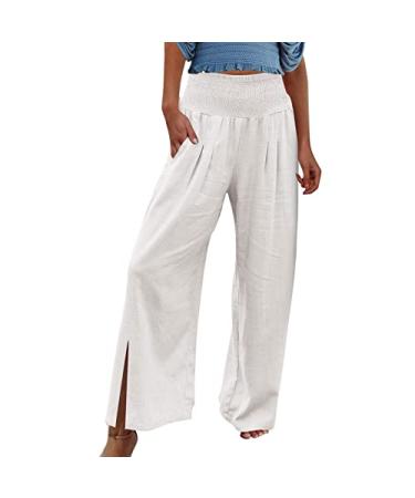 viyabling Beach Pants for Women Summer Womens Wide Leg Linen Palazzo Pants Dressy Casual Elastic Waisted Loose Fit Trousers Medium A1-white