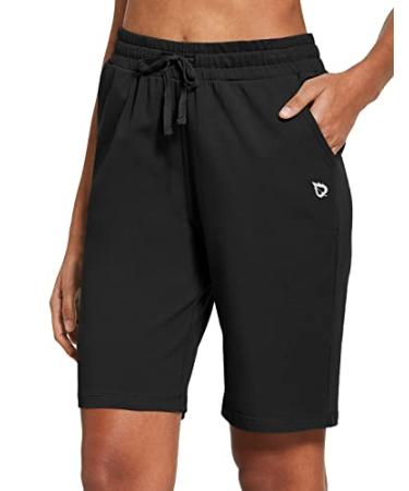 BALEAF Women's Bermuda Shorts Long Cotton Casual Summer Knee Length Pull On Lounge Walking Exercise Shorts with Pockets X-Large Soft Knee Length-black