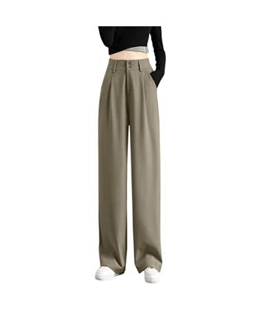 DAZLOR Womens Yoga Dress Pants Business Casual Office Work Slacks Stretch High Waist Button Up Wide Leg Palazzo Pants Pockets Khaki Medium