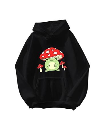 Womens Cute Frog Sweatshirt Mushroom Hoodie Long Sleeve Drawstring Hoodies Casual Top Hoodie with Pockets Black Medium