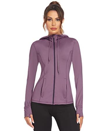 Mokermi Women's Running Jacket Full Zip Athletic Hoodie Lightweight Sportswear Fit Sports Yoga Workout Track Jacket Purple-hooded Medium