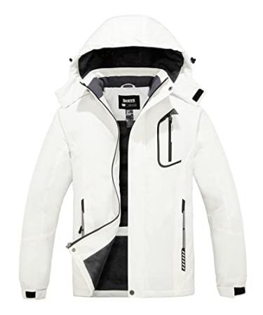 Skieer Men's Mountain Waterproof Ski Jacket Winter Rain Jacket Warm Fleece Snow Coat Small White
