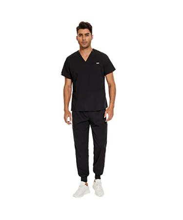 VIAOLI Scrubs for Men Set V-Neck Scrub Top & Jogger Pant 8 Pocket Cargo Botton Nursing Clearance Sets Medical Uniforms Black Large