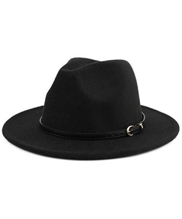 Melesh Wide Brim Unisex Classic Belt Buckle Fedora Hat B Black