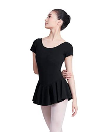 Phoeswan Skirted Dance Leotards Black Dress Short Sleeve for Women Black Large