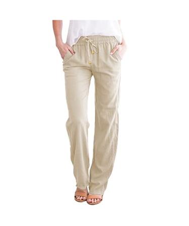 Women's Linen Pants 2023 Summer Casual Elastic Waist Trousers Relax Fit Comfy Palazzo Pants Sweatpants Large 08-beige