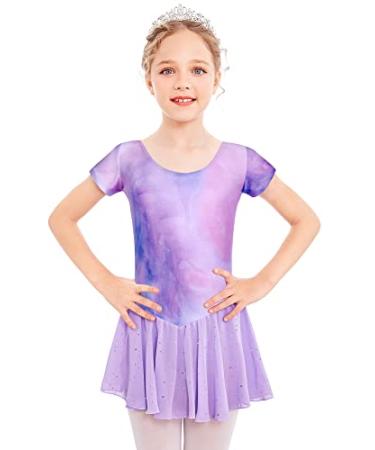 Arshiner Girls Ballet Leotard with Chiffon Tutu Skirt Dance Wear Short Sleeve Toddler Ballerina Outfit Dress Tie Dye Lilac 7-8 Years