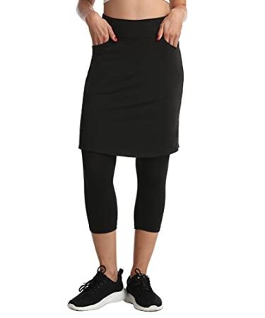 HOKOYI Modest Skirt with Leggings Attached for Women Workout Knee Length Swim Capri Pants with 2 Pockets Black a Large