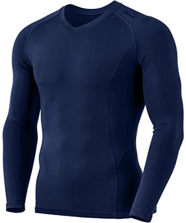 TSLA Men's Thermal V-Neck Long Sleeve Compression Shirts, Athletic Base Layer Top, Winter Gear Running T-Shirt Heatlock V Neck Navy Small