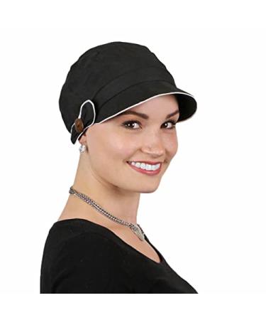 Newsboy Cap Summer Hats for Women 50+ UPF Visor Chemo Headwear Cancer Hair Loss 100% Cotton Small or Medium Heads Barcelona Black