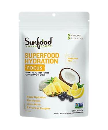 Sunfood Superfoods Hydration Electrolyte Powder Drink Mix | 8 oz. Bag 20 Servings | Coconut Water Pink Himalayan Salt Lemon & Pineapple Juice Mix | Lion's Mane & B-Vitamin Complex Focus