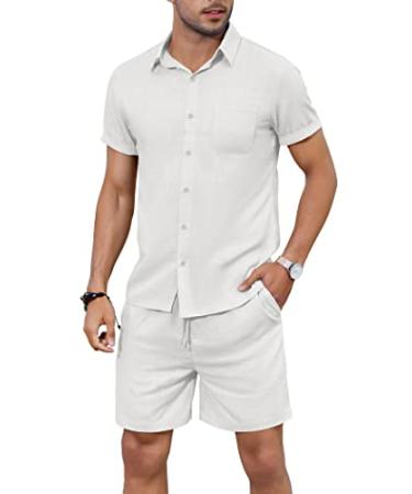 COOFANDY Men 2 Piece Linen Set Casual Short Sleeve Shirt and Short Beach Set Adult X-Large White