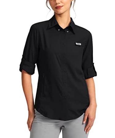Womens Sun Protection Fishing Shirt with Zipper Pockets Lightweight SPF Long Sleeve Shirts for Hiking Safari Large Black