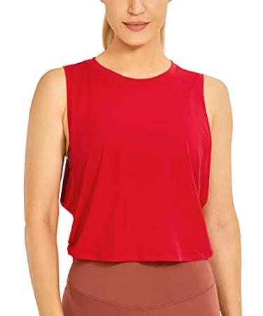 CRZ YOGA Pima Cotton Cropped Tank Tops for Women - Sleeveless Sports Shirts Athletic Yoga Running Gym Workout Crop Tops Medium Deep Armhole-festival Red