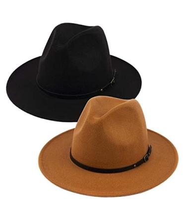 2 Pack Fedora Hats for Women Fashionable Classic Wide Brim Womens Fedora Hat Black + Khaki
