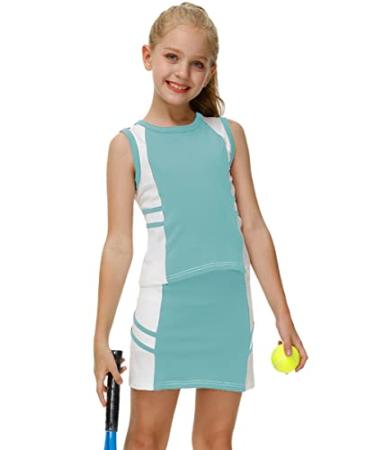 AOBUTE Girls Tennis Golf Outfit Tank Top and Skirt with Shorts Set 4-12 Years 6-7 Years Light Green
