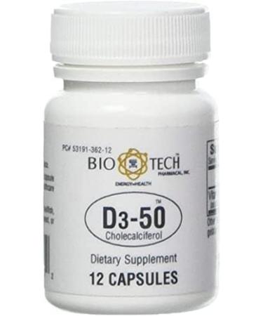 Bio-Tech Pharmacal D3-50 50 000 IU 12 Capsules All-Natural Supplement Supports Bone & Immune Health No Dairy Fish Gluten Peanut Shellfish & Soy - Buy Online on GoSupps.com