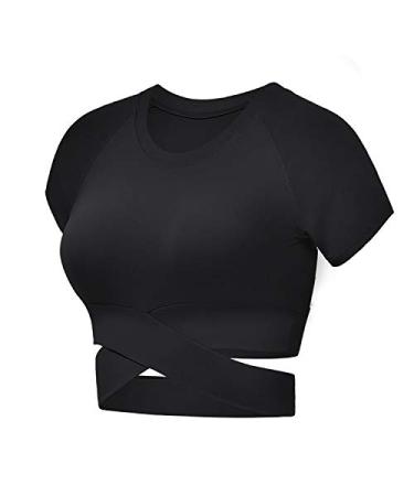 DREAM SLIM Workout Crop Tops for Women Sexy Tummy Cross Dance Yoga Tops Slim Fit Stretchy Casual Cotton Short Sleeve Shirts Black Medium