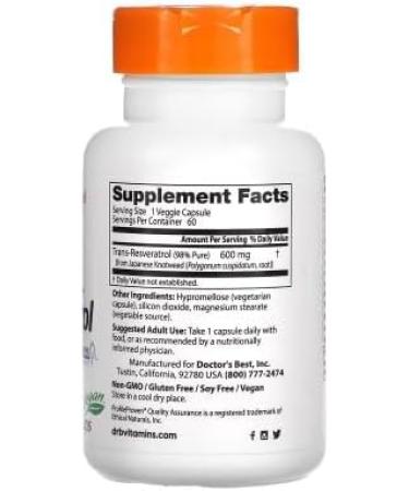 Doctor's Best Trans-Resveratrol 600-600mg - 60 Vegetable Capsules - Powerful Antioxidant for Optimal Health - Buy Online on GoSupps.com