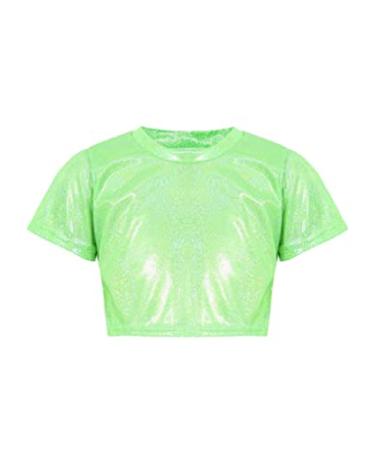 Hansber Kids Girls Boys Dance Crop Top Short Sleeve Shiny Performance T-Shirts Dancewear Costume Green 6-7