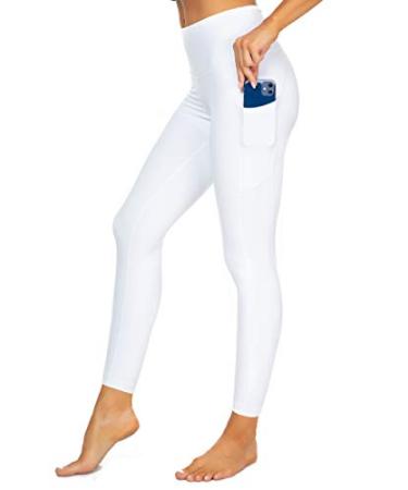 Kcutteyg Yoga Pants for Women with Pockets High Waisted Leggings Workout Sports Running Athletic Pants Medium Full Length White