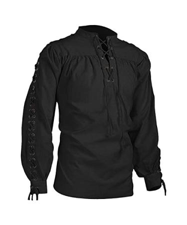 Mens Ruffled Gothic Shirts, Men's Medieval Retro Lace-Up Cowl Neck Long Sleeve Gothic Shirts Asymmetric Hem Vintage Top X-Large E-03-black