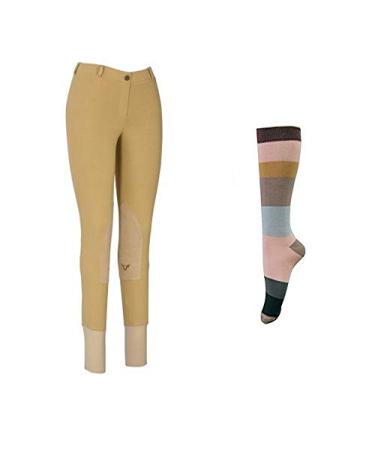 TuffRider Women Starter Lowrise Pull On Breeches with Free Assorted Striped Socks|Knee Patch Equestrian Apparel 28 Light Tan