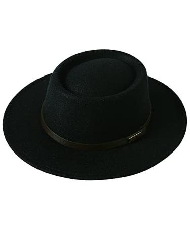 Lanzom Women Vintage Wide Brim Warm Wool Fedora Hat Belt Panama Hat Felt Jazz Hat Black Medium