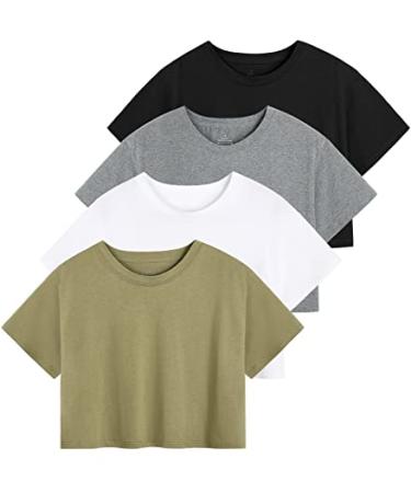 Cosy Pyro 4-Pack Women's Cotton Crop T-Shirts Short Sleeve Solid Cropped Athletic Top Round Neck Casual Workout Yoga Tees 4-pack Black/Gray/White/Army Large
