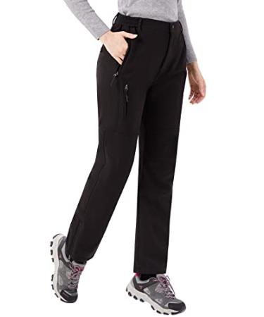 WULFUL Women's Waterproof Windproof Hiking Ski Snow Pants Fleece Lined Softshell Insulated Winter Pants Black Medium