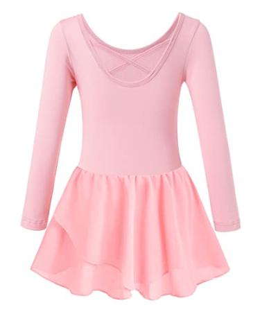 MERIABNY Girls Leotards for Dance Ruffle Sleeves Criss-cross Back Ballet Tutu Dresses for 3-9 Years Old A1 Pink-long Sleeve 3-4T