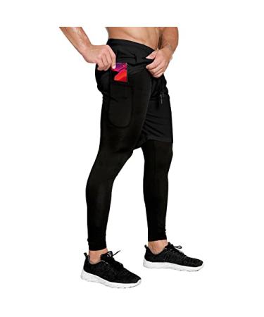 OEBLD Compression Pants Men 2 in 1 Running Pants Workout Pants for Men Gym Tights with Towel Loop Large Black