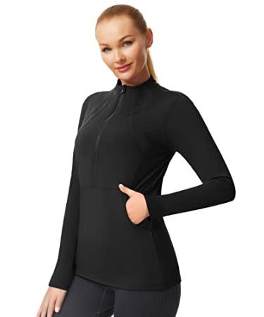JACK SMITH Women's Fleece Half Zip Athletic Running Pullover Thermal Long Sleeve Equestrian Shirt Golf Yoga Shirts XX-Large Black-no Thumbholes