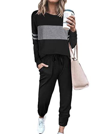 PRETTYGARDEN Women's Color Block 2 Piece Tracksuit Crewneck Long Sleeve Tops Long Sweatpants Outfits Lounge Sets Black Medium