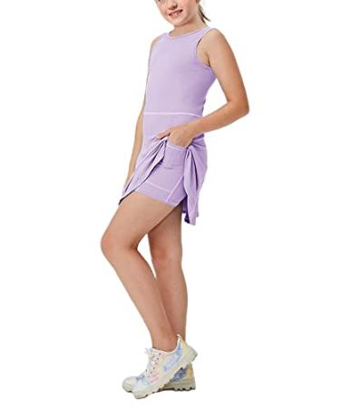 Aurgelmir Girls Crewneck Sleeveless Tennis Dresses Kids Workout Cute Outfits Tank Golf Dresses with Shorts Pocket 11-12 Years Purple