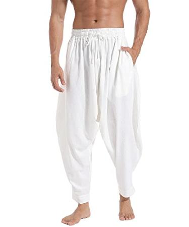 perdontoo Men's Casual Baggy Drawstring Hippie Boho Aladdin Harem Pants 40 White