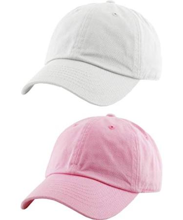 Funky Junque Kids Toddler Girl Boy Low Profile Washed Cotton Baseball Cap Hat 2 Pack: White & Light Pink (Ages 2-5)