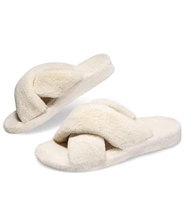 Womens Fuzzy Cross Band Slippers with Orthotic Insole Arch Support Comfortable Spa Plush House Slippers for Plantar Fasciitis Foot and Heel Pain Recovery Slippers for Women 9 Cream