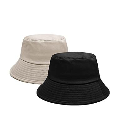 PFFY 2 Packs Bucket Hat for Women Men Cotton Summer Sun Beach Fishing Cap Beige+black 2