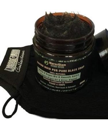 Black Hammam Soap with Organic Argan Oil and Bitter Almonds 250 g + Kessa Scrub Glove. Body and Face Black Soap Scrub Purifying Moisturizing and Nourishing - Buy Online on GoSupps.com