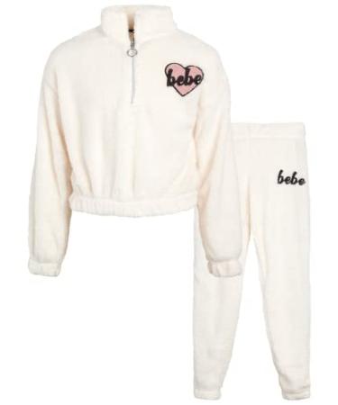 bebe Girls' Jogger Tracksuit Set  2 Piece Sherpa Fleece Quarter-Zip Pullover Sweatshirt and Sweatpants (Sizes: 7-16) Vanilla 7-8