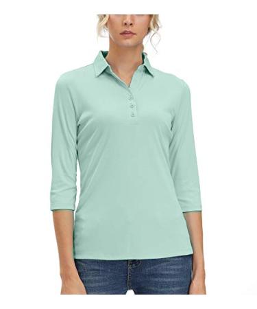 Women's 3/4 Sleeve V Neck Golf Shirts Moisture Wicking Performance Knit Tops Fitness Workout Sports Leisure Polo Shirt Aqua Blue X-Large