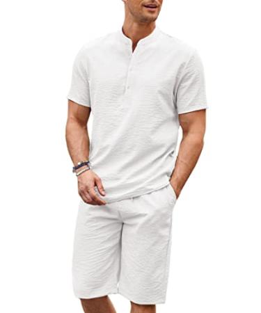COOFANDY Men's 2 Pieces Linen Set Casual Henley Shirts Short Sleeve Beach Yoga Shorts Summer Pants Outfits 01-white Medium