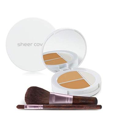 Sheer Cover Flawless Face Kit Perfect Shade Mineral Foundation Conceal & Brighten Highlight Trio with FREE Foundation Brush and Concealer Brush Tan Shade 4 Pieces