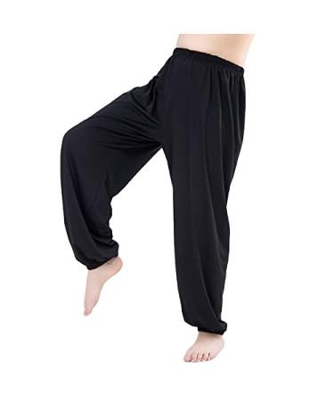 Libaobaoyo Kids Unisex Kung Fu Wide Pants Stretchy Elastic Waist Taichi Martial Arts Practice Trousers for Boys Girls Black 8-9 Years